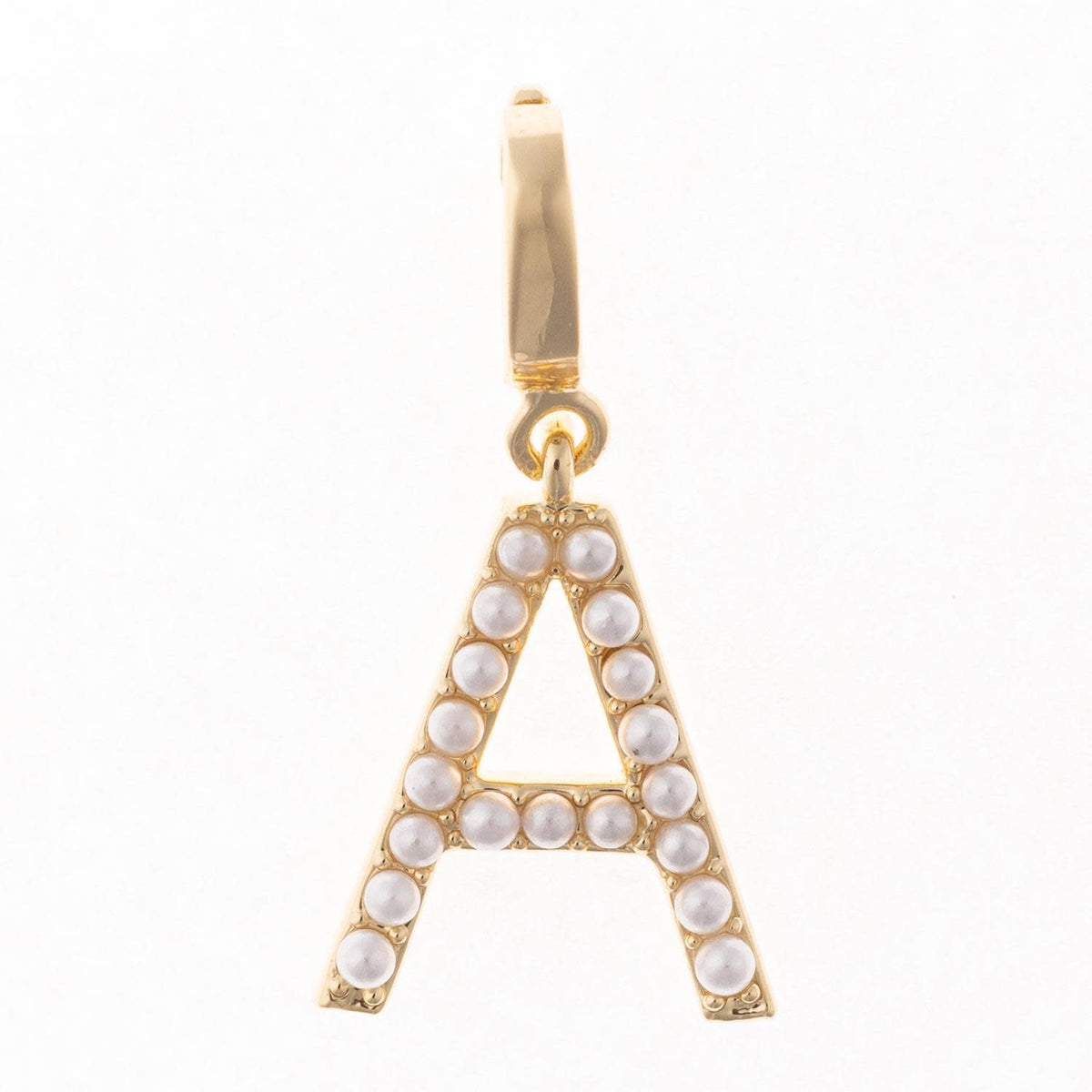 Avery initial charm in .5 inch length with 18k gold plating and a clasp attachment.