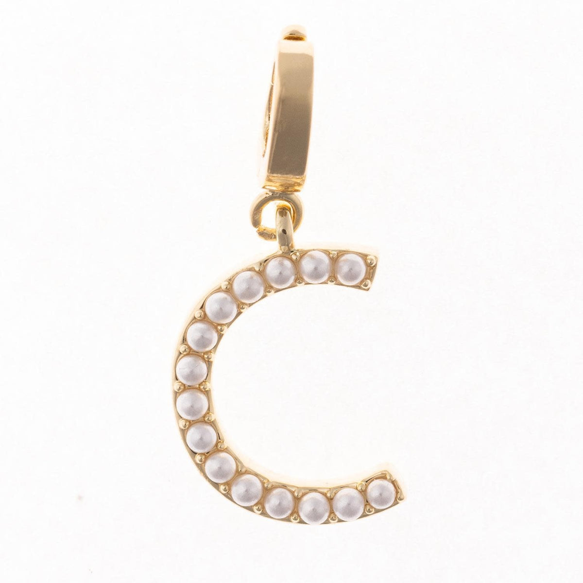 Avery initial charm in .5 inch length with 18k gold plating and a clasp attachment.