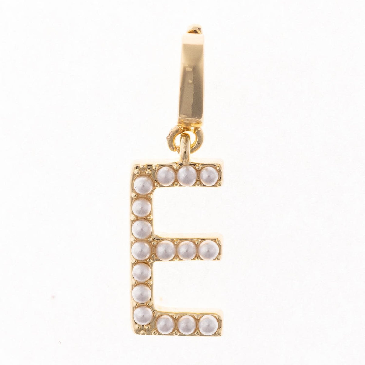 Avery initial charm in .5 inch length with 18k gold plating and a clasp attachment.