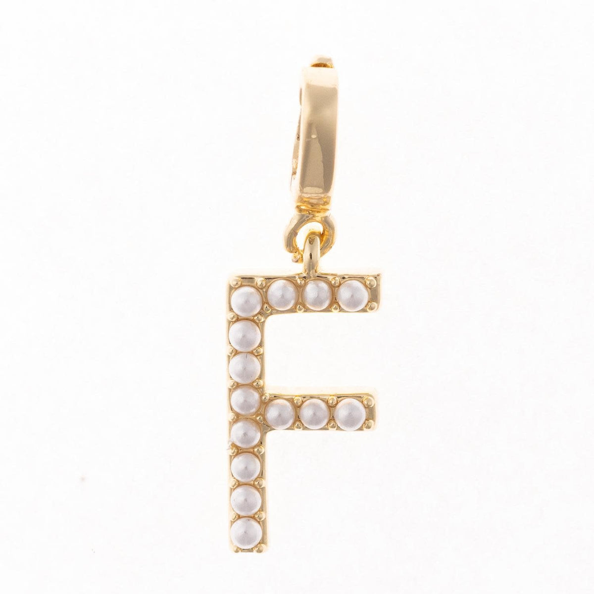 Avery initial charm in .5-inch length with 18k gold plating and a clasp attachment.