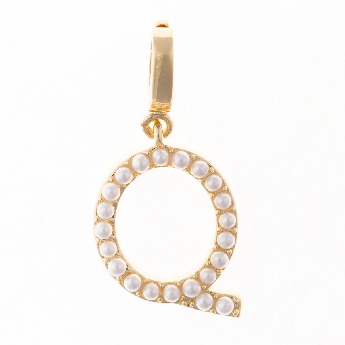 Avery initial charm in .5 inch length with 18k gold plating and a clasp attachment.