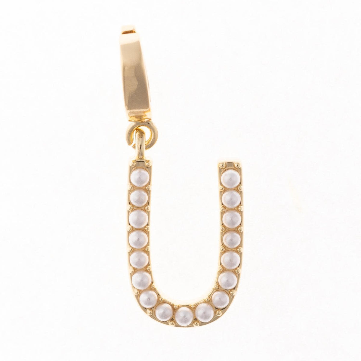 Avery initial charm in .5 inch length with 18k gold plating and a clasp attachment.