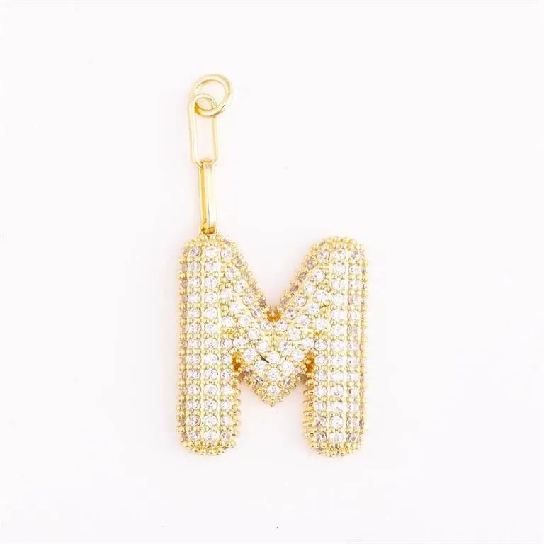 Heather-colored charm bag with gold plating, pave crystals, initial engraving option
