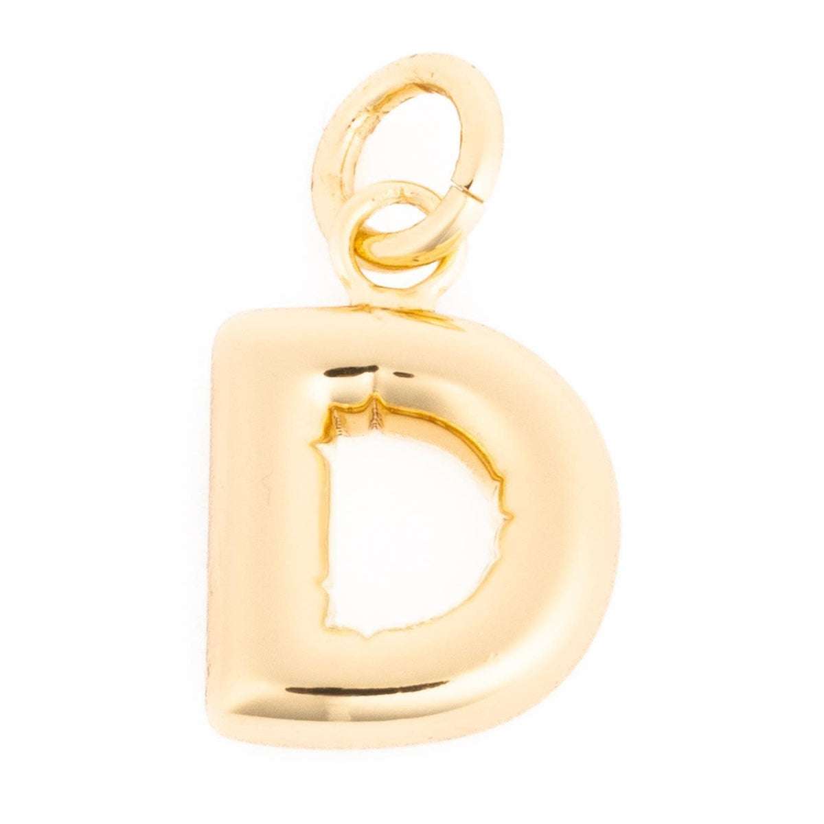 Gold-toned letter D charm pendant with a polished finish and a small attached jump ring.