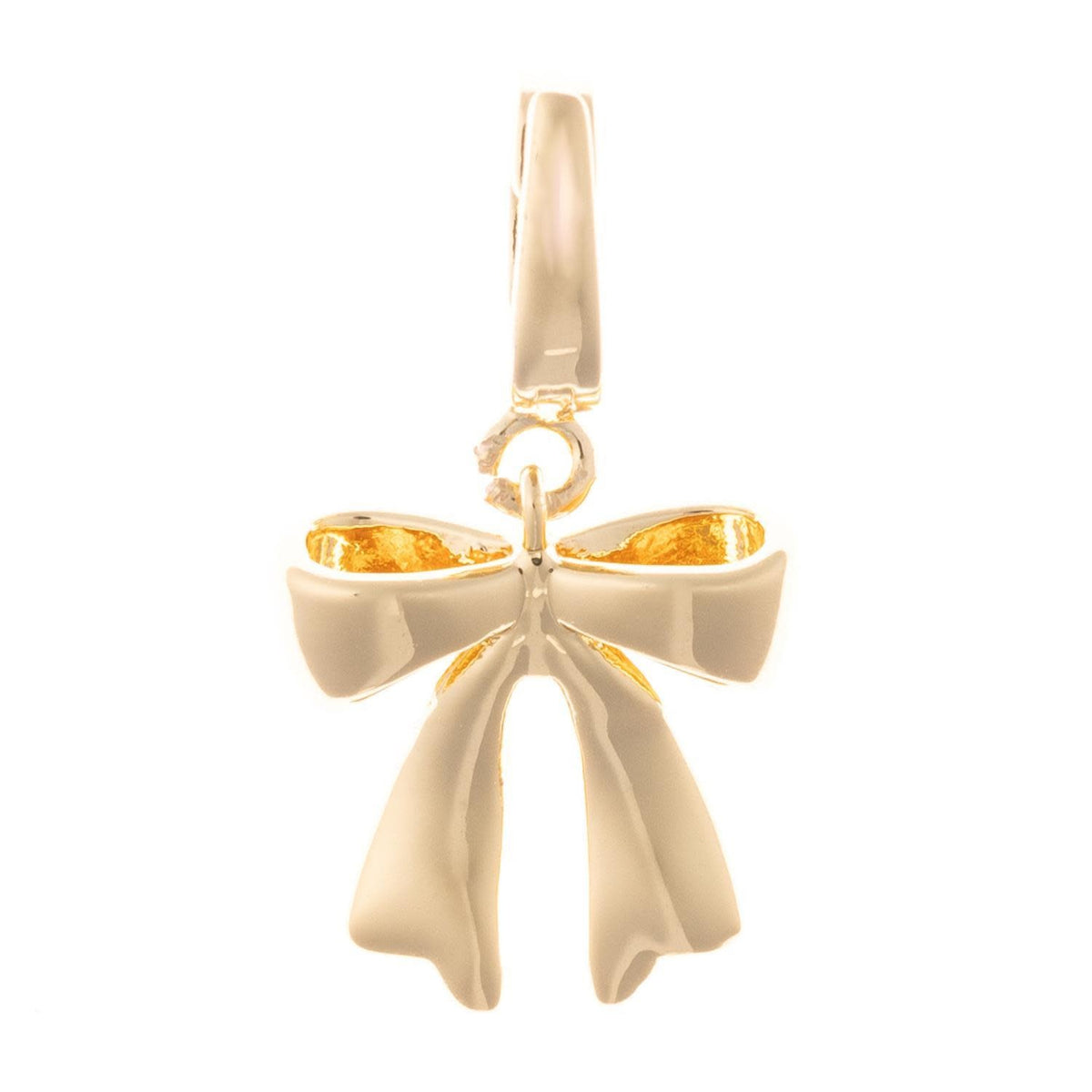 Gold plated bow charm necklace detail with nickel-free hypoallergenic clasp