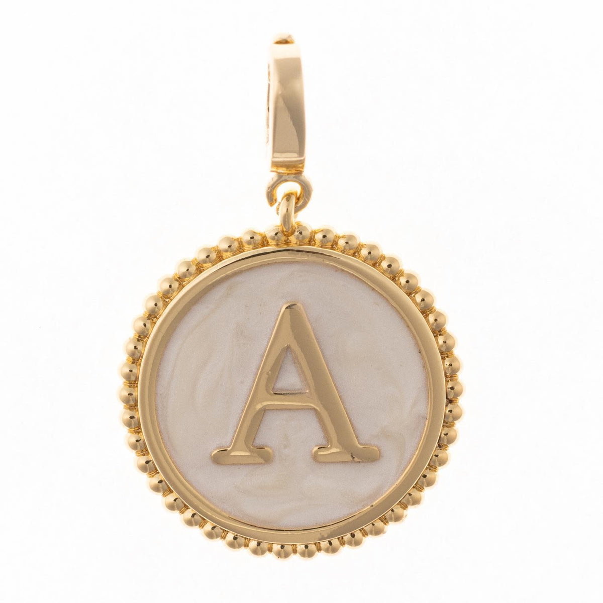 Circular initial charm in 18k gold plating with faux mother-of-pearl inlay and clasp.