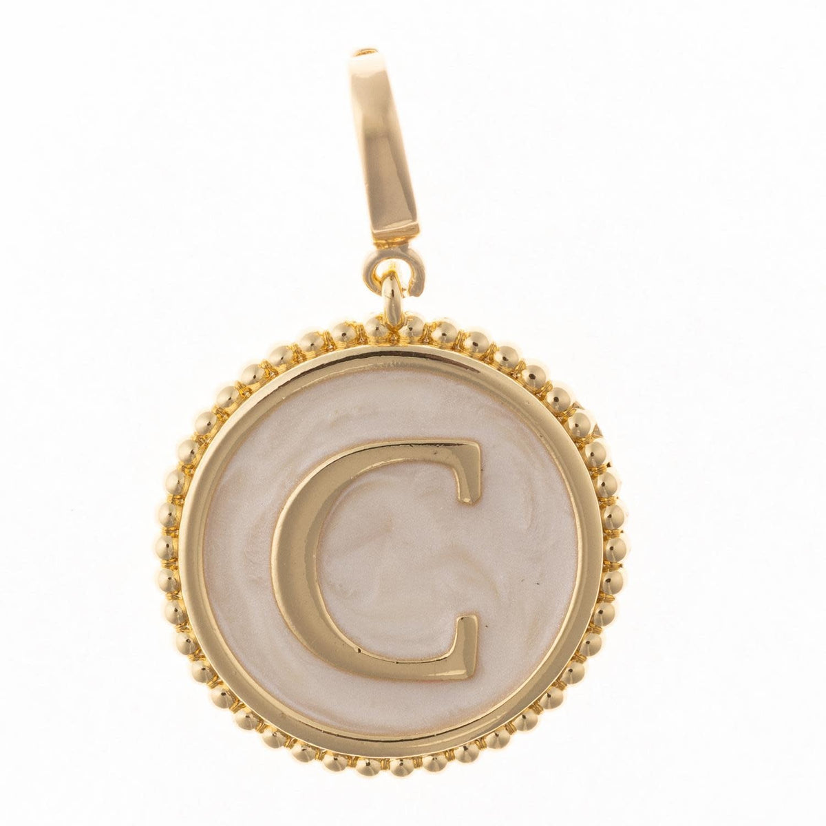 Circular initial charm in 18k gold plated brass with faux mother-of-pearl inlay and clasp.