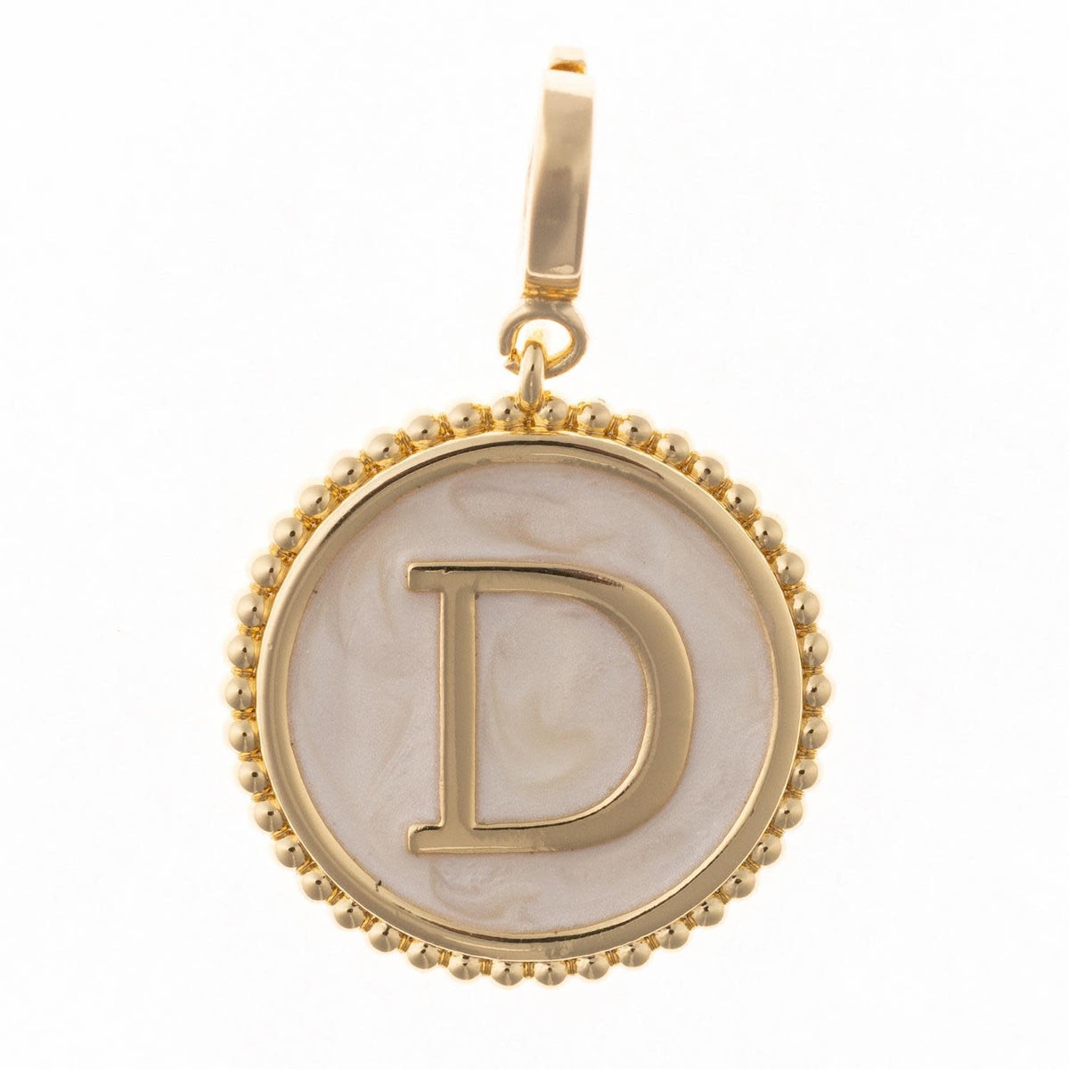 Circular initial charm in 18k gold plated finish with faux mother of pearl inlay and clasp.