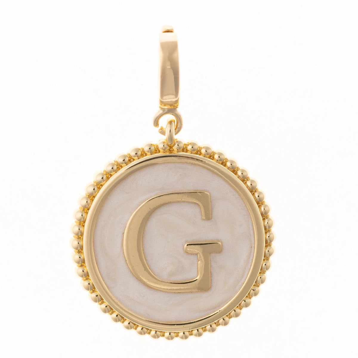 Circular initial charm in 18k gold plating with faux mother-of-pearl inlay and clasp.