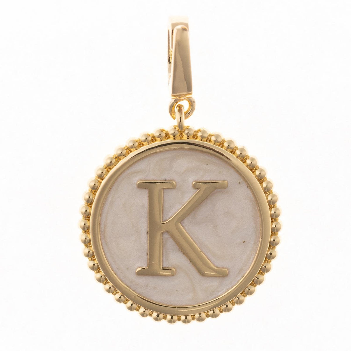 Circular initial charm with faux mother-of-pearl inlay on an 18k gold-plated base.