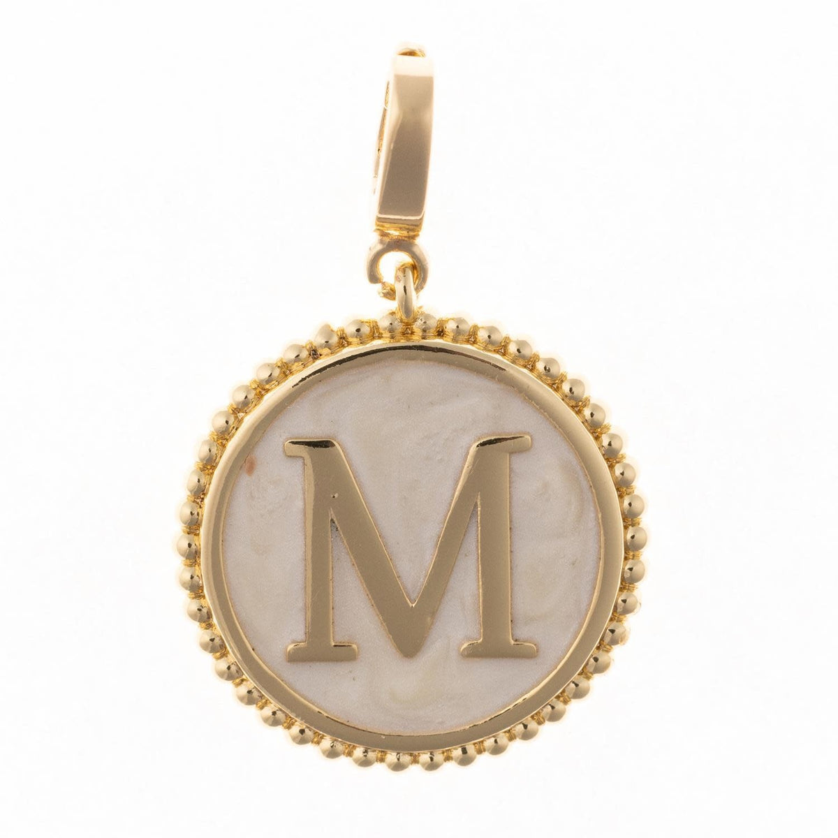 Circular initial charm in 18k gold plating with faux mother-of-pearl inlay and clasp.