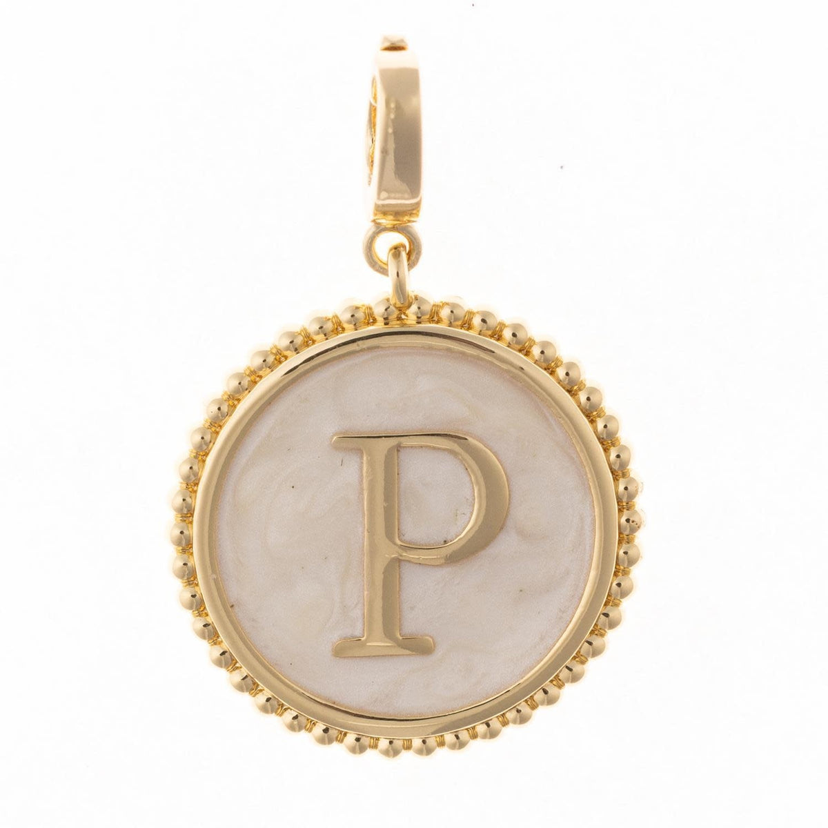 Circular initial charm in 18k gold plating with faux mother-of-pearl inlay and clasp.