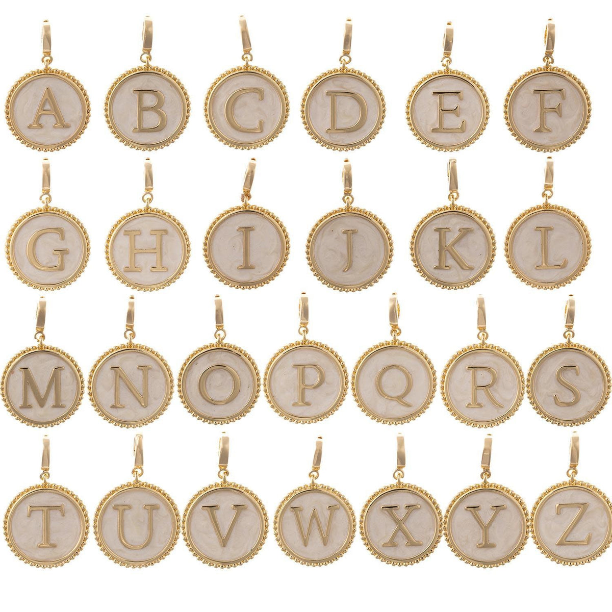 Circular initial charm in 18k gold plating with faux mother-of-pearl inlay and clasp.