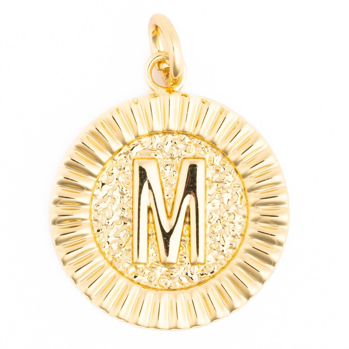 Gold initial charm necklace featuring the letter M with a delicate chain.