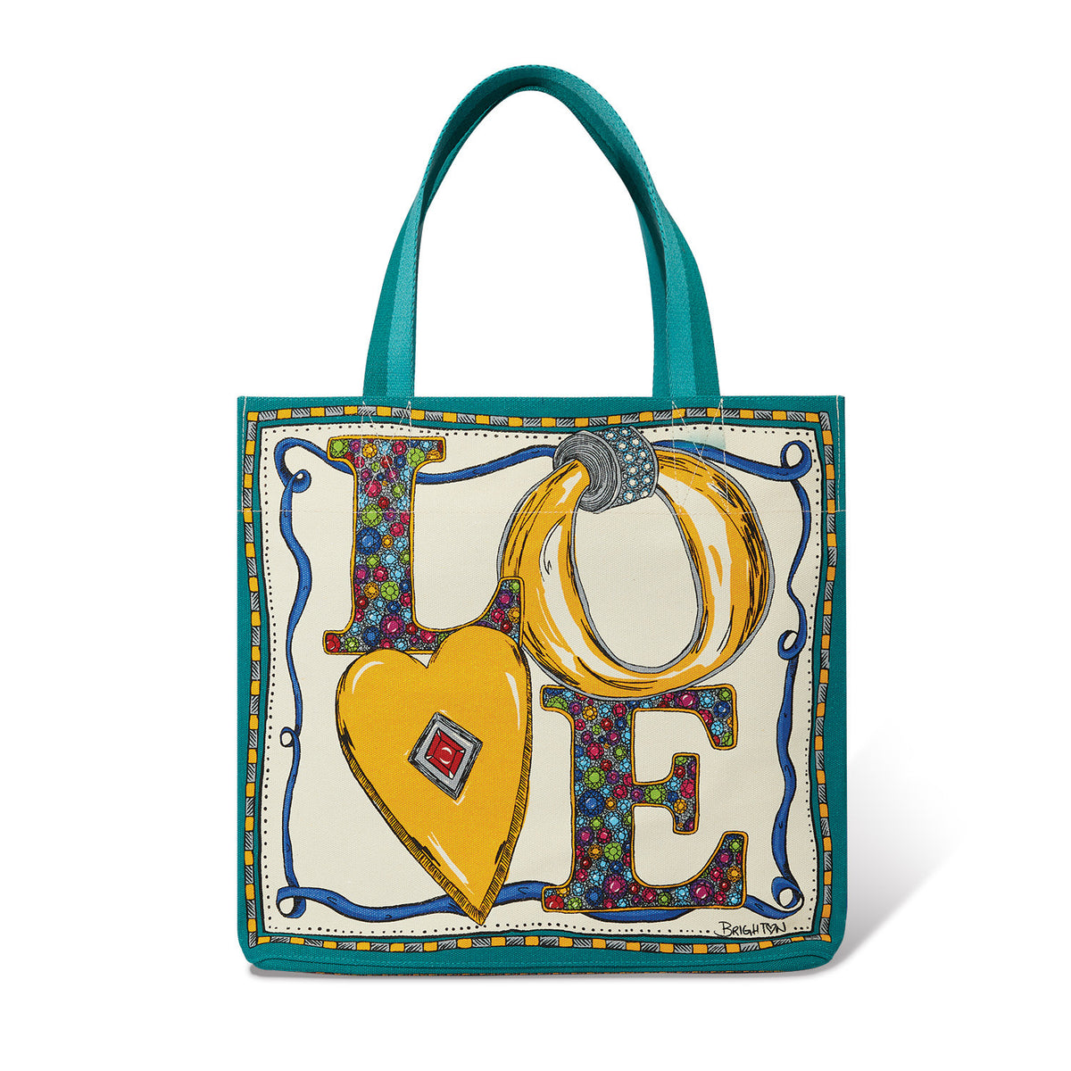 Multi-colored canvas tote bag with holiday-themed charm accents.