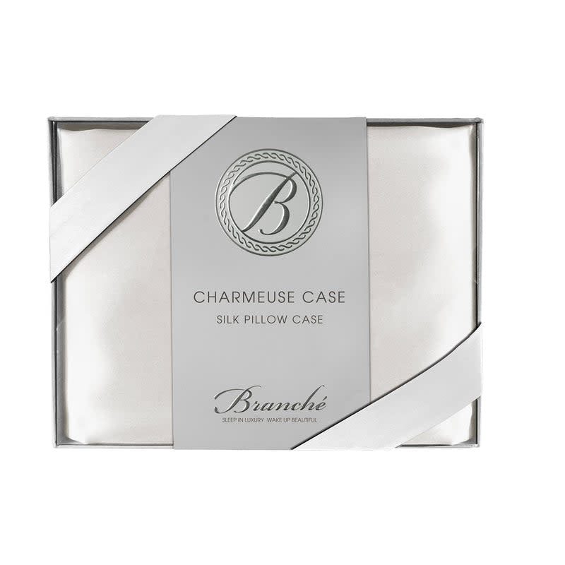 White charmeuse silk pillow slip with glossy finish