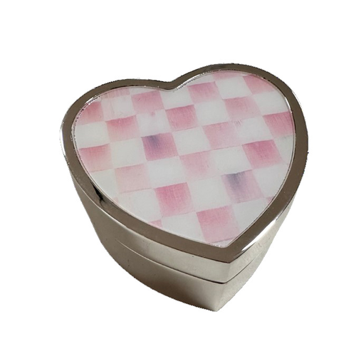 Heart-shaped silver-plated trinket box with a pink and white checkered pattern on the lid.