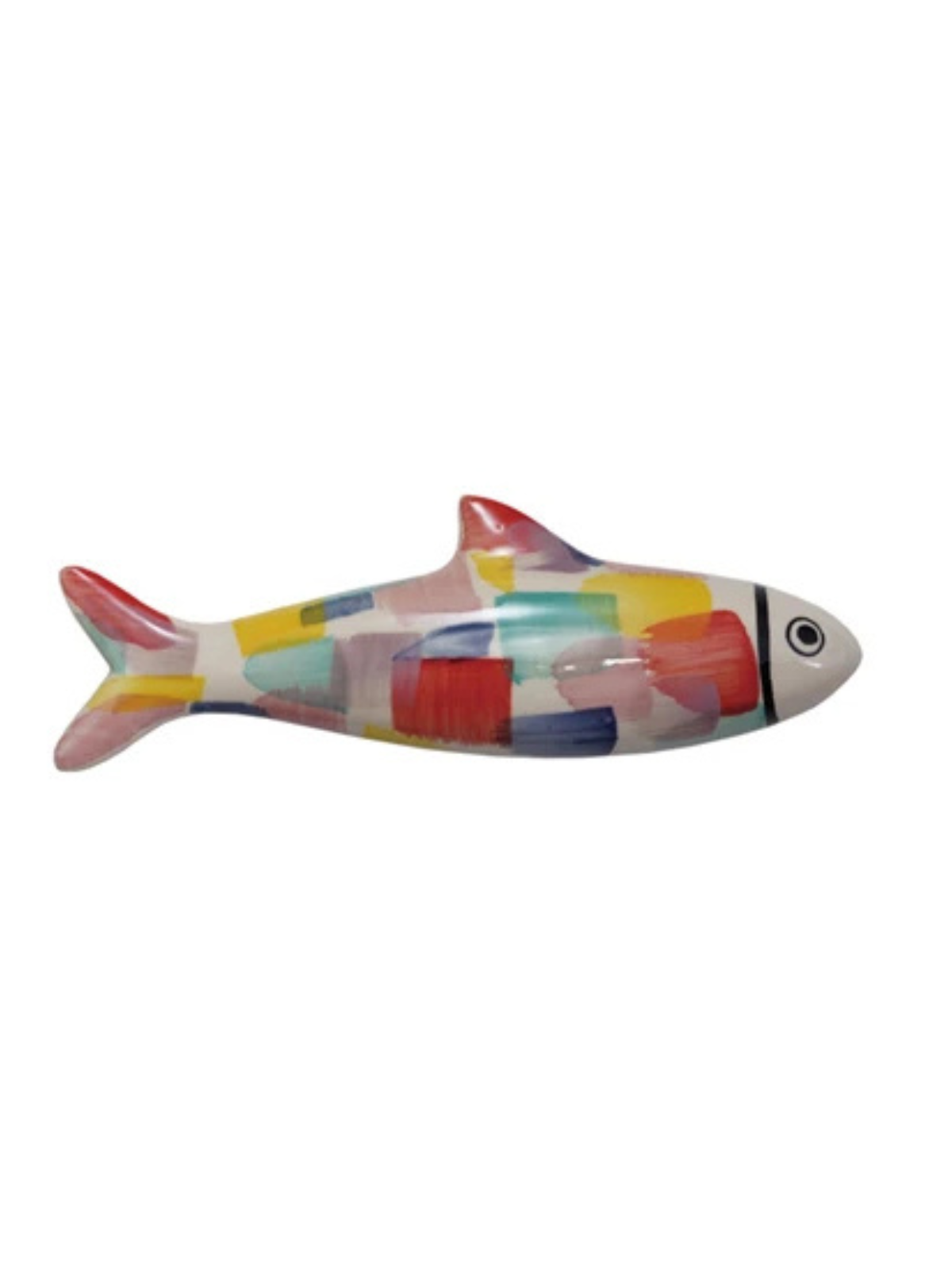 Hand-painted stoneware fish wall décor in natural ceramic with a painted scale pattern and curved silhouette.