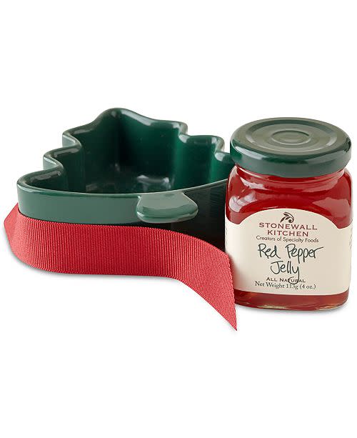Ceramic tree-shaped ramekin filled with red pepper jelly and cream cheese