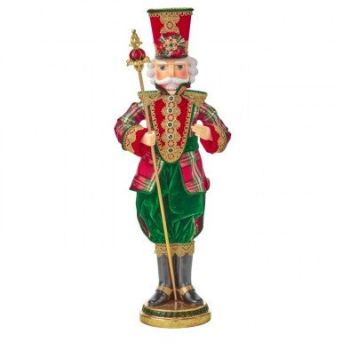 38-inch royal Christmas nutcracker in a red and green fabric outfit holding a gold scepter.