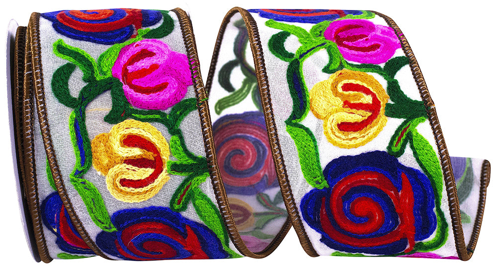 2.5 inch white ribbon with multi-colored floral embroidery stitches and brown wired edges.