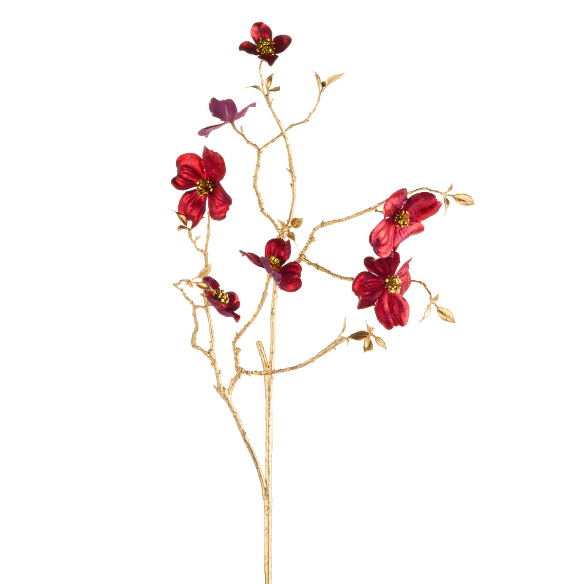 35-inch burgundy dogwood spray with red glittered flowers on a metallic gold branch.