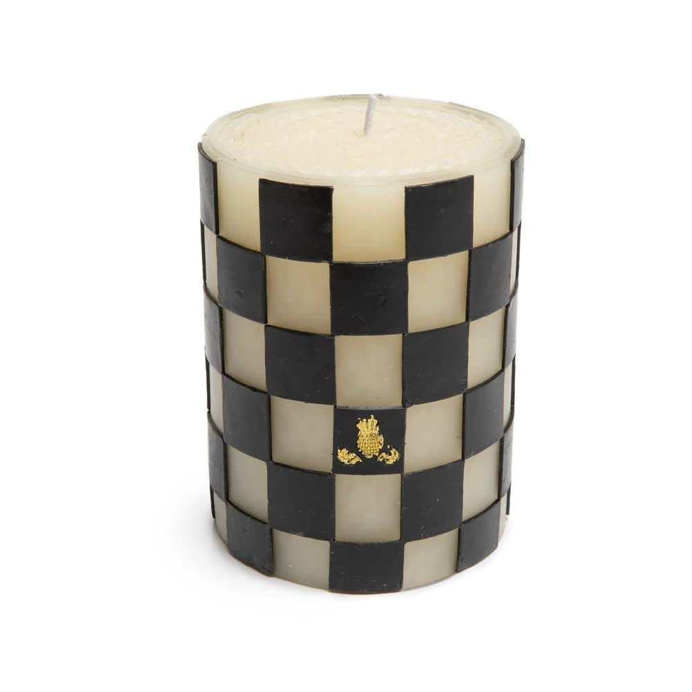 Four-inch black pillar candle made from a beeswax paraffin blend with a check pattern.