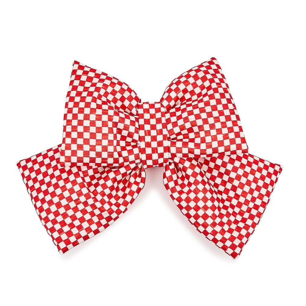 Polyester check bow measuring eight inches wide with a festive holiday pattern.