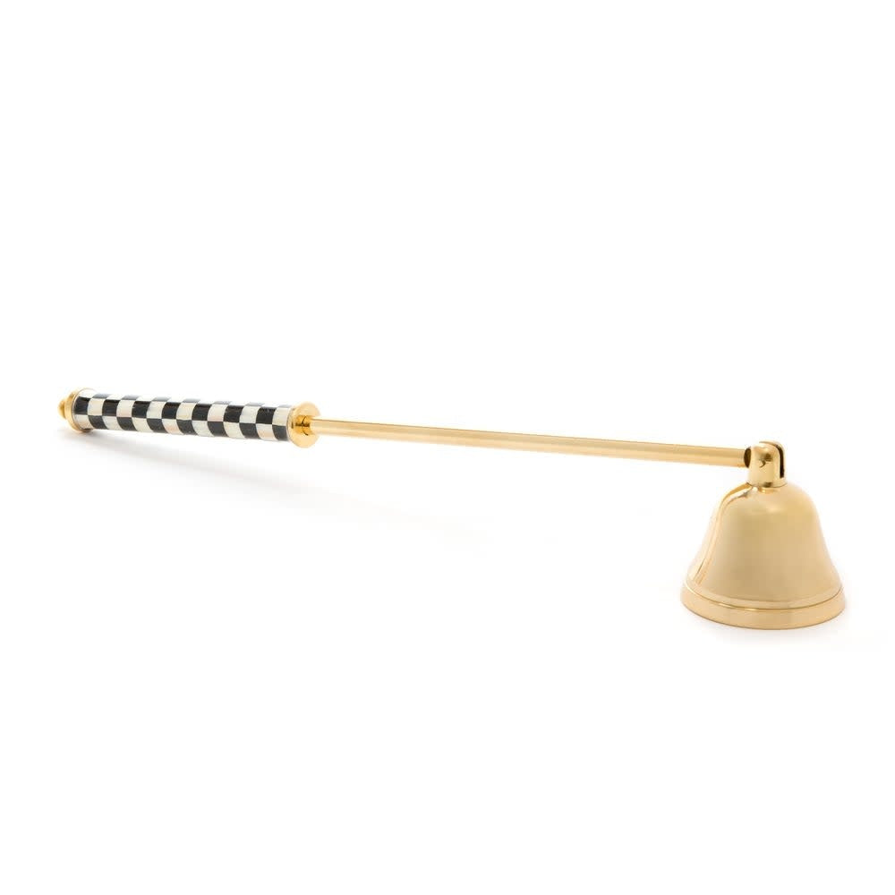 Brass candle snuffer with steel accents featuring a black and white check pattern.