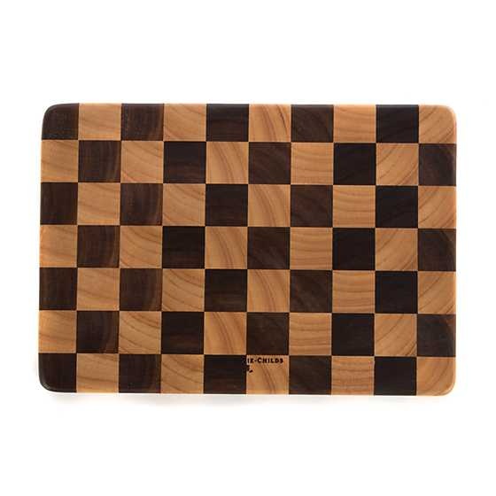 Handmade checkered acacia wood chopping board with rubberwood accents.
