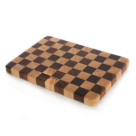 Handmade checkered acacia wood chopping board with rubberwood accents