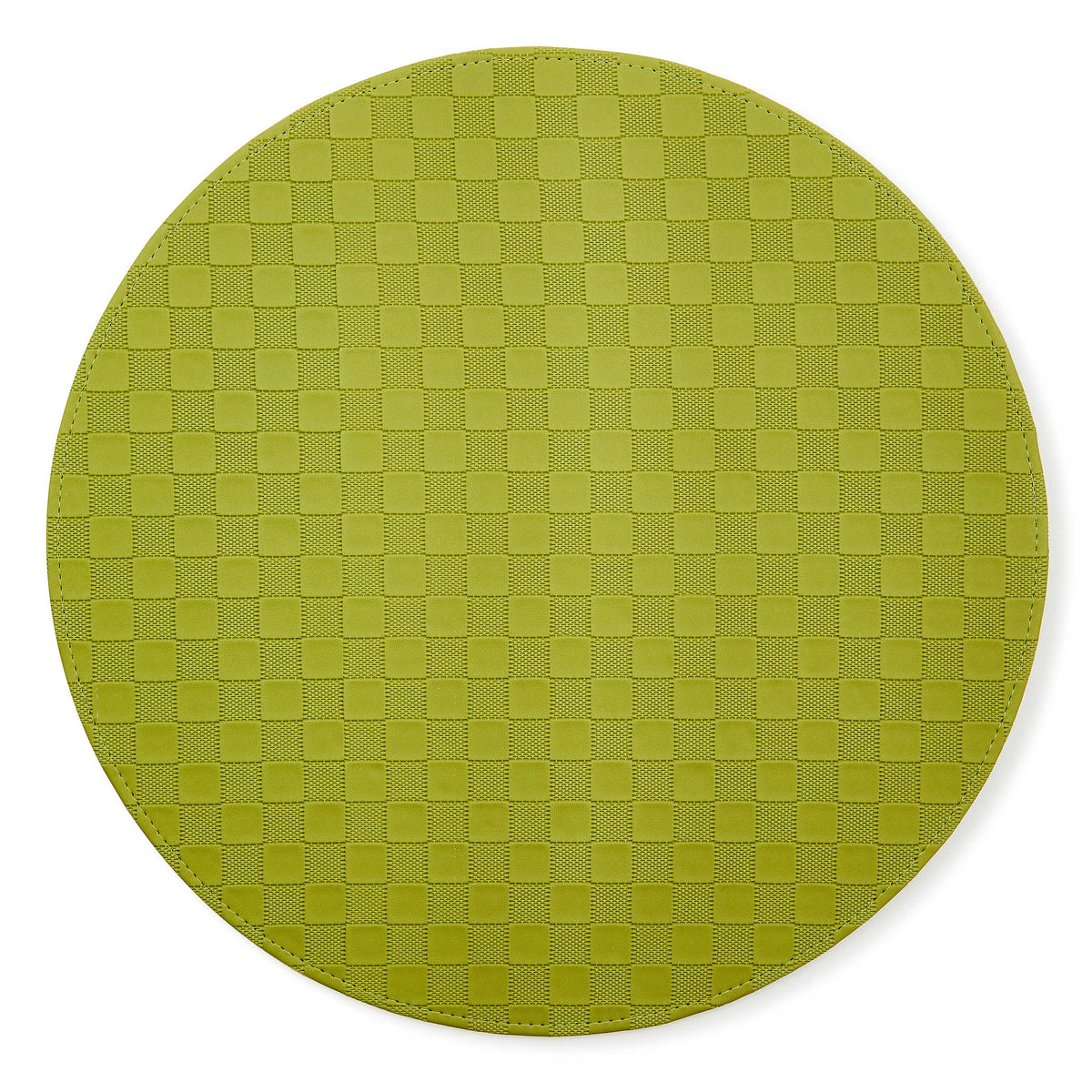 Round faux leather placemat with embossed check pattern in light beige.