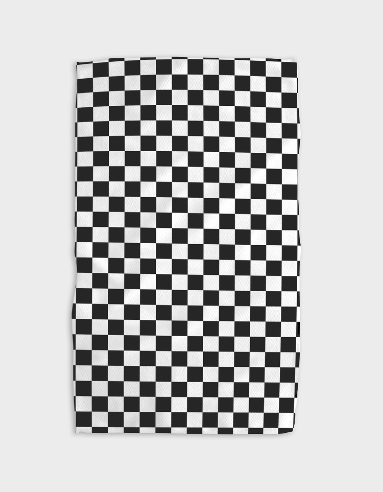 Recycled polyester waffle weave kitchen tea towel with single-sided geometric print pattern