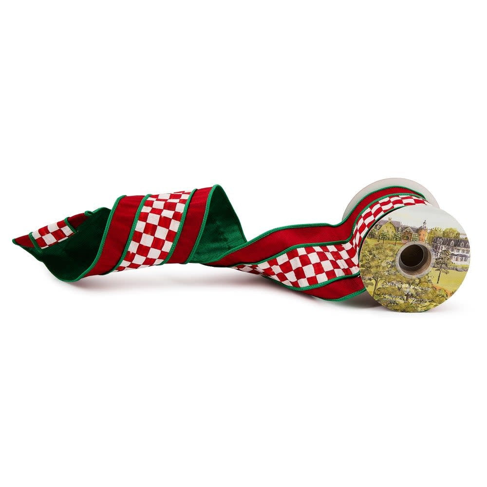 4-inch wide polyester ribbon in a solid red color with gold edges.