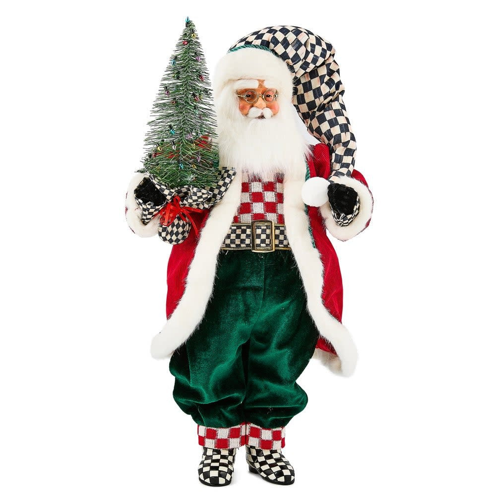 Fabric Santa figurine holding a bottle brush tree with Courtly Checks hat pattern.