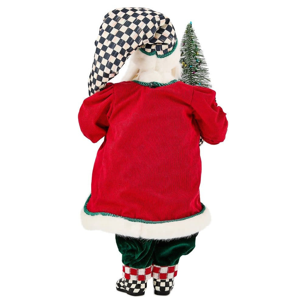 Fabric Santa figurine in Courtly Checks hat carrying a bottle brush tree