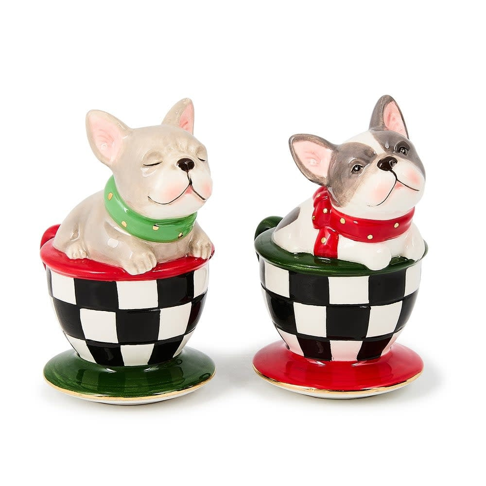 Ceramic salt and pepper shakers featuring French Bulldogs in a checked pattern inside teacup silhouettes.