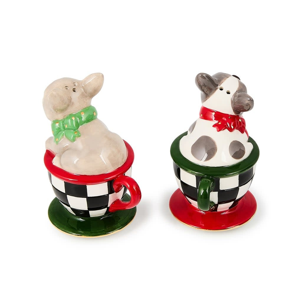 Ceramic salt and pepper shaker set featuring French Bulldogs in a checked pattern inside teacups.