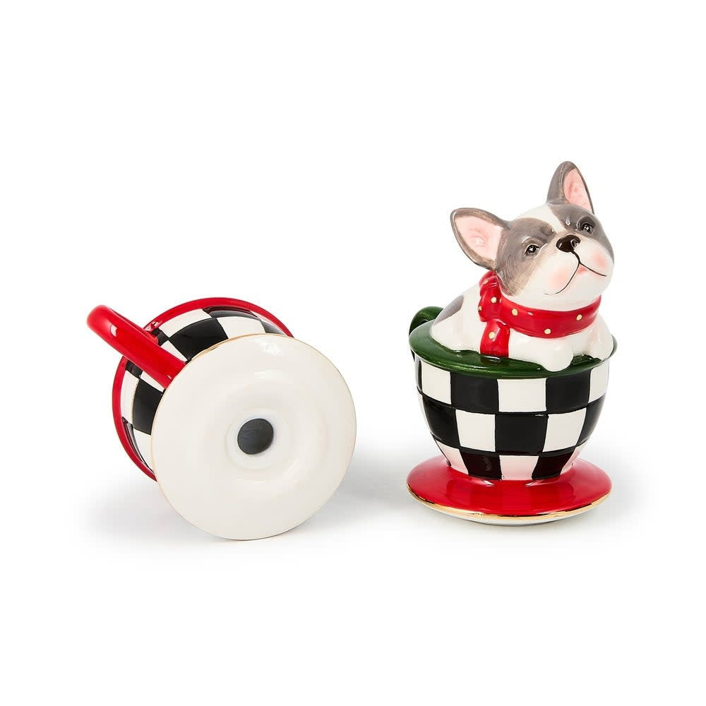 Ceramic salt and pepper shaker set featuring French bulldogs in a checkered pattern inside teacups.