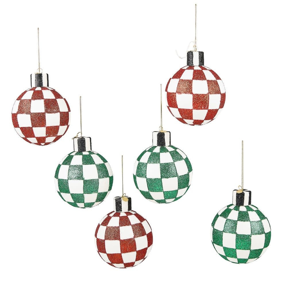 Hand-painted mouth-blown glass ball ornament with brass logo charm