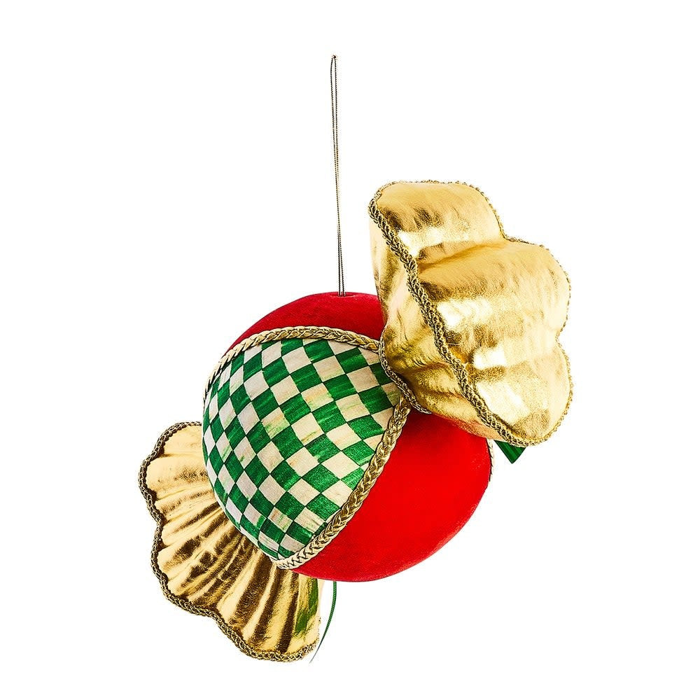 Green checkered polyester fabric candy ornament with a long hanging loop.
