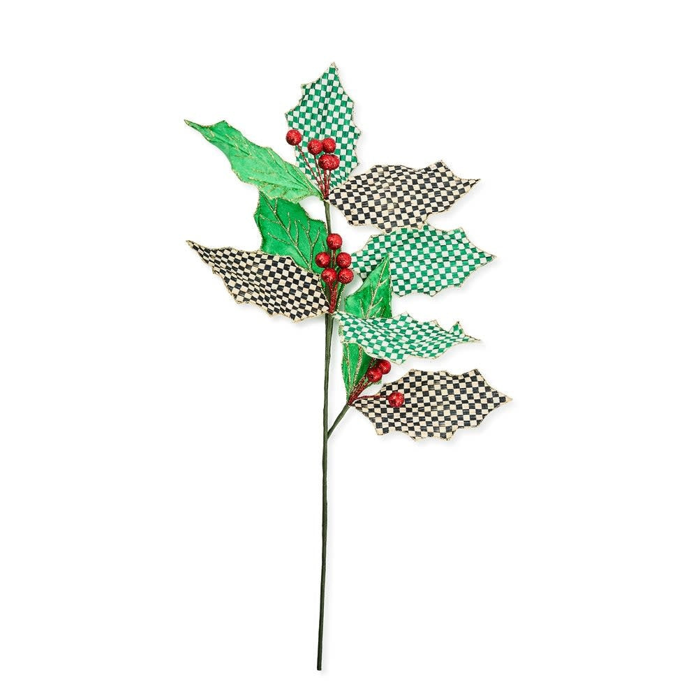 Wired holly leaf spray with glitter accents in green polyester fabric.