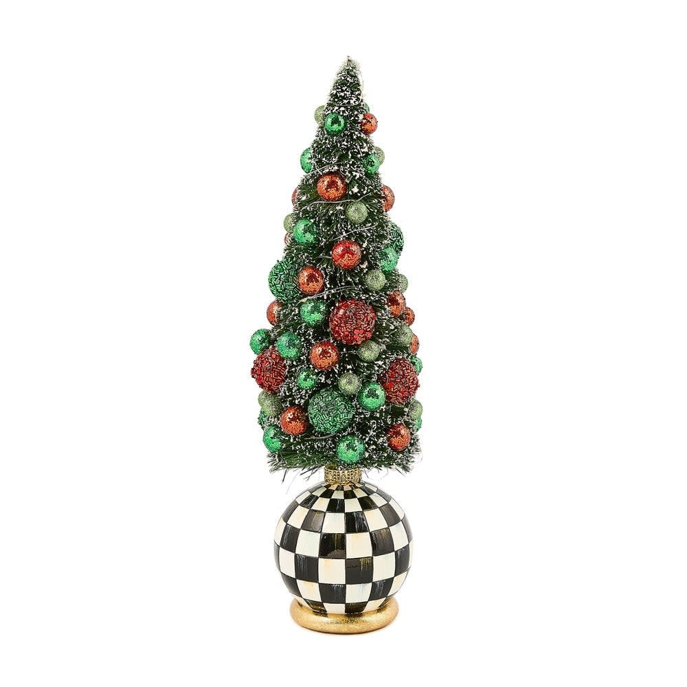Illuminated resin bottle brush tree with frost-covered branches, red and green baubles, and polyester ribbon accents.