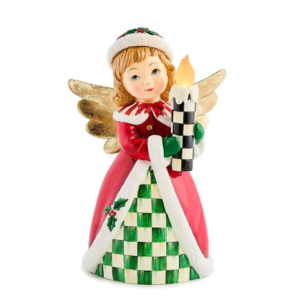 Resin retro angel figurine holding an illuminated Courtly Check candle with a warm glow.