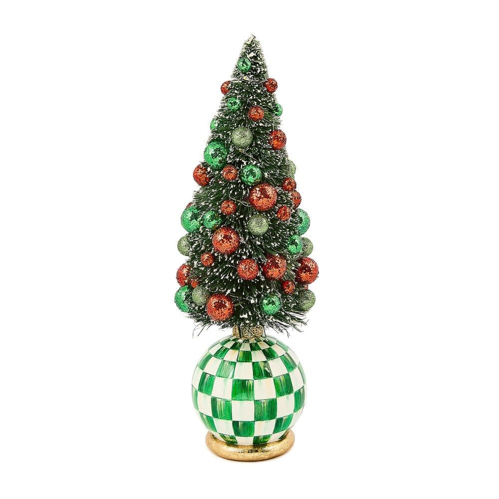Illuminated resin bottle brush tree with frost-covered branches, red and green baubles, and polyester ribbon accents.