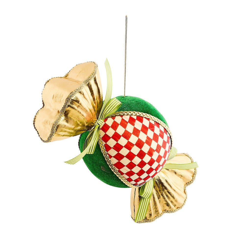 Red checkered polyester fabric Christmas tree ornament with candy shape.