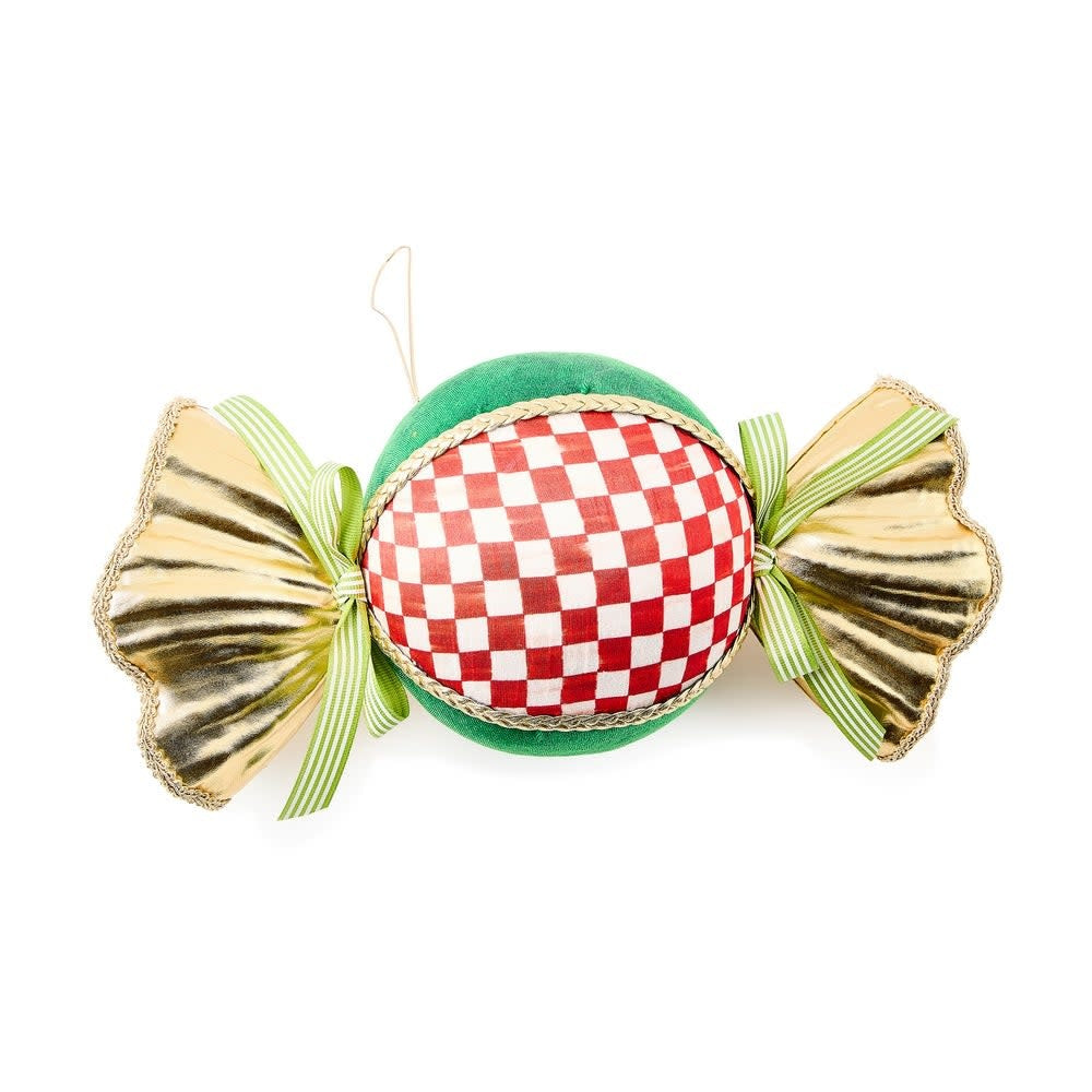 Red checkered polyester fabric candy cane ornament with striped pattern.