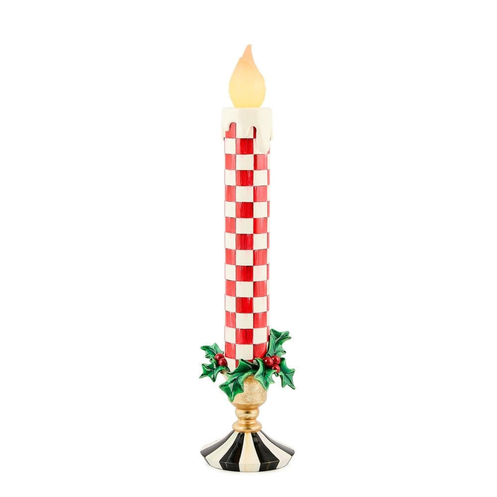 Red resin retro candle with illuminated flame effect on a flat base.