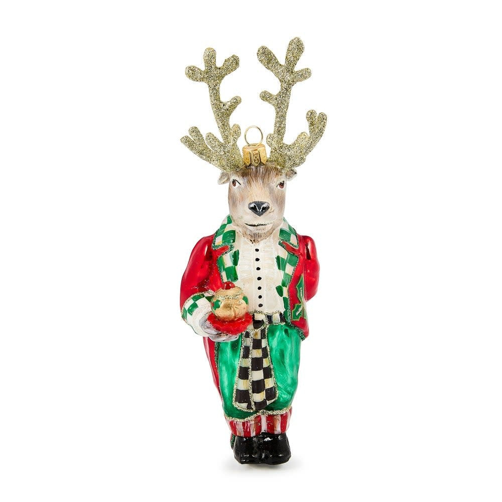 Hand-painted glass reindeer butler ornament with brass logo charm