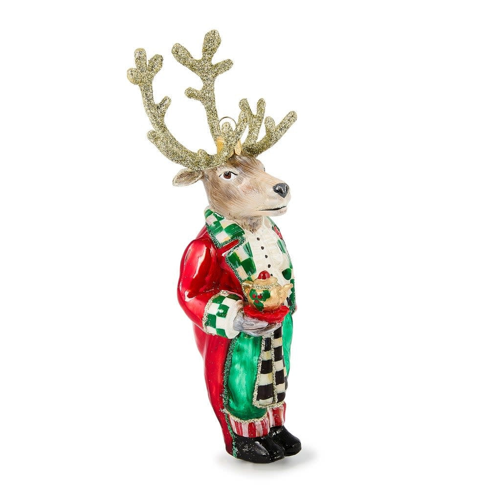 Hand-painted glass reindeer butler ornament with brass logo charm
